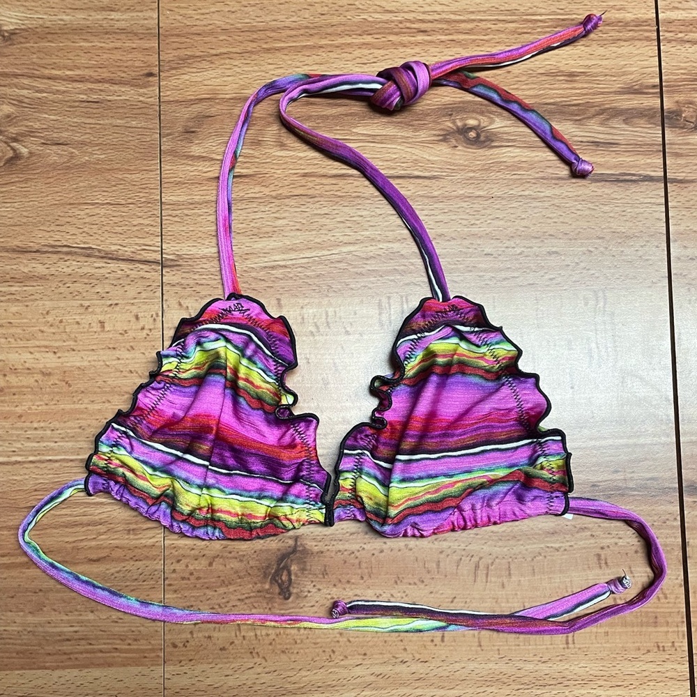 Pink Purple Striped Lettuce Trim Triangle Bikini Top Swim Women